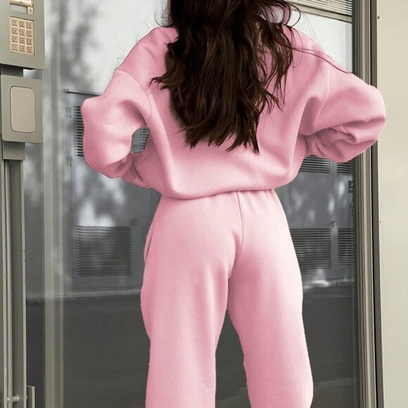 Pink Casual Women's Zipper Half Placket Drop Shoulder Sweatshirt And Jogger Pant - Picture 3 of 6